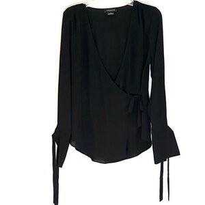 NWOT Trouve Nordstrom Chiffon Wrap Style Long Sleeves Tie Cuffs Black Top Blouse